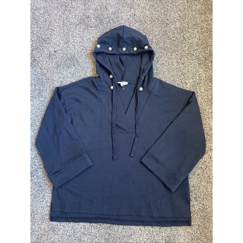Entro Women’s 3/4 Sleeve Navy Hooded Blouse Pearl Accents Oversized Small V-neck